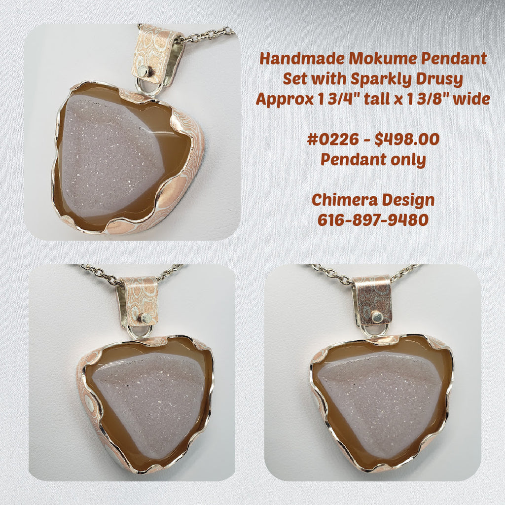 Sterling Silver/Copper Mokume Gane Pendant Set with Druzy (Drusy)