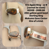 One of a kind Fire Agate Ring - 22kt gold bezel and Mokume Gane Band - size 9