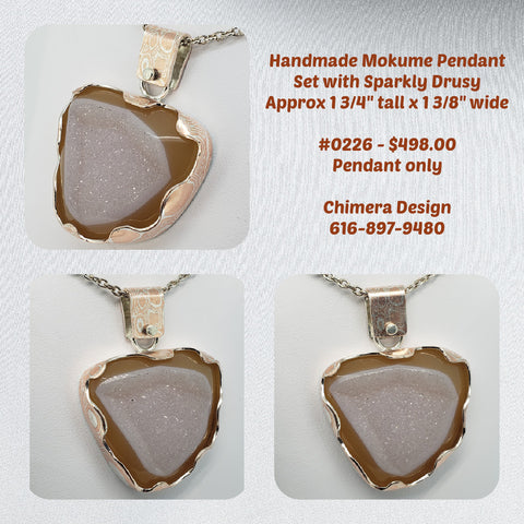 Sterling Silver/Copper Mokume Gane Pendant Set with Druzy (Drusy)