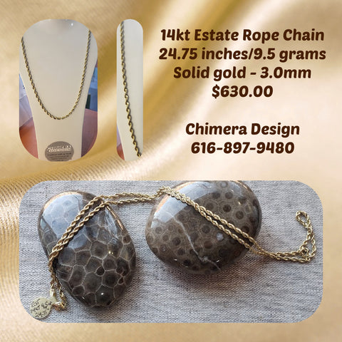 14kt Yellow Gold Estate Rope Chain 24 Inches