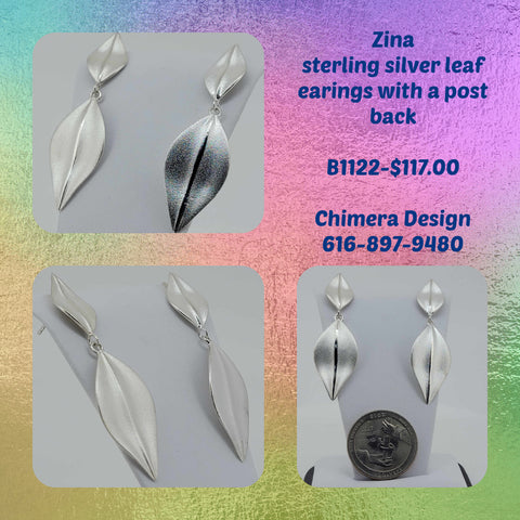 Sterling Silver Leaf Earrings - Hand made by Zina