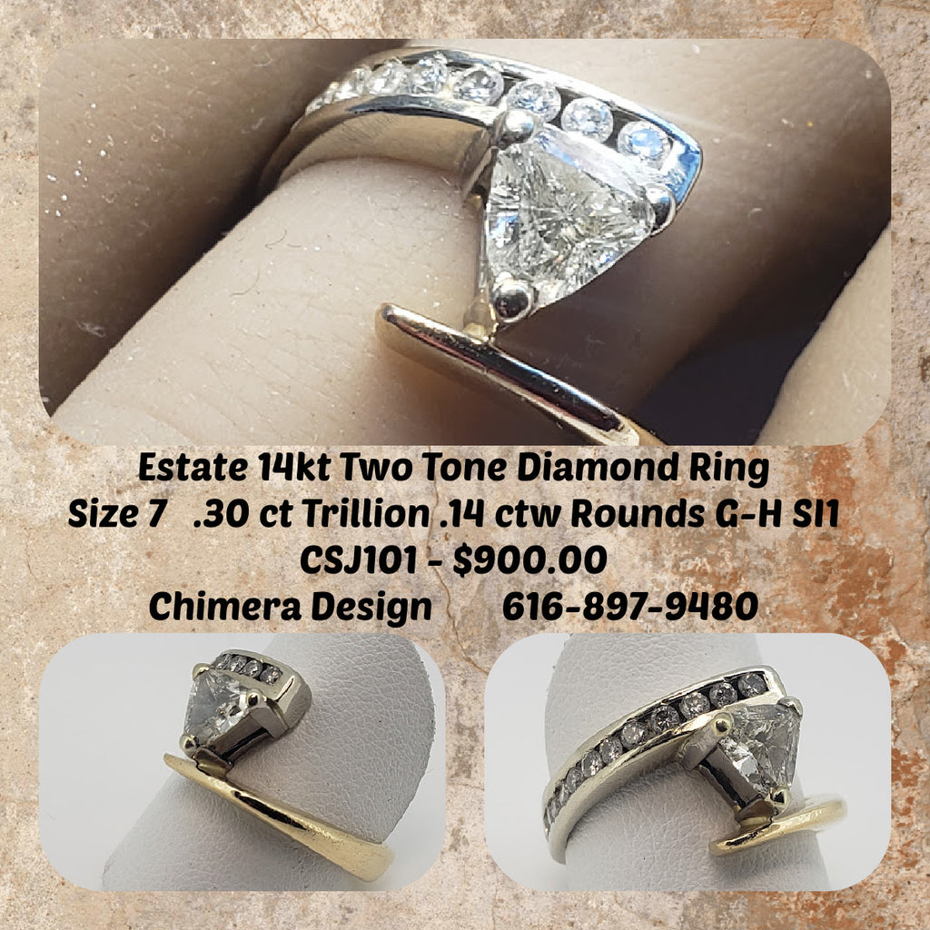 14kt Two Tone Estate Diamond Ring - Center Diamond is Trillion Cut
