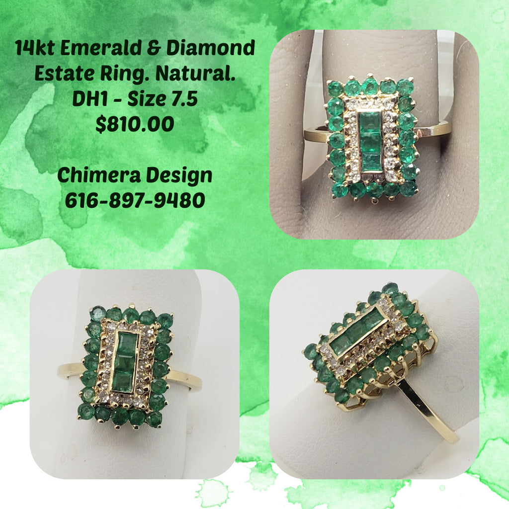 Estate Ring With Natural Emeralds in 14kt Yellow Gold