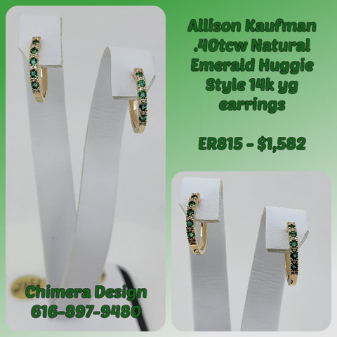Yellow Gold Huggies Set With Natural Emeralds and Diamonds